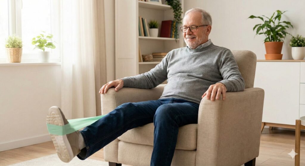 Close up of an elderly woman's leg pressing against a resistance band while seated