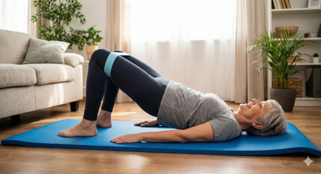 Senior man lying on a yoga mat performing a glute bridge with a blue loop band around thighs