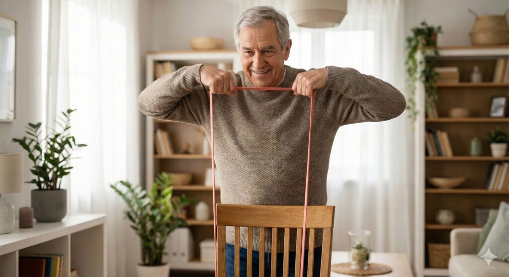 Senior woman sitting on a chair, pressing one arm overhead with a yellow resistance band.