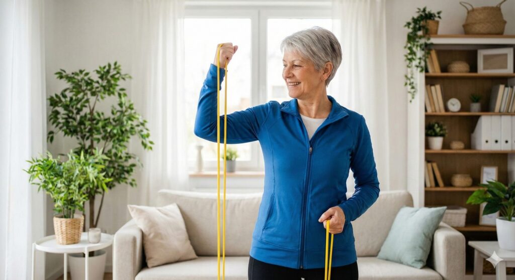 Senior man standing on a resistance band performing a bicep curl, looking focused